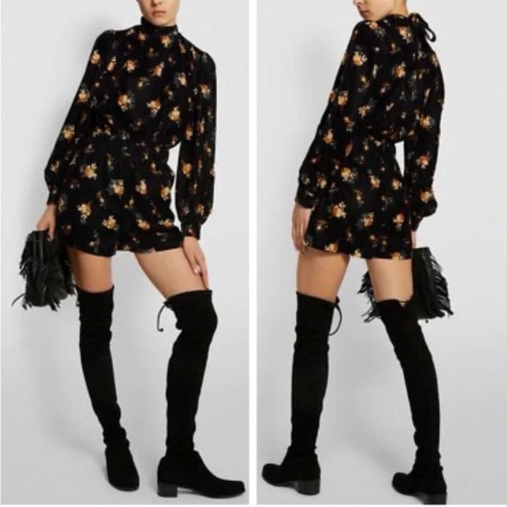 Nwt Maje Inouk Floral Velvet Puff Sleeve Playsuit Black Floral Romper Sz 40